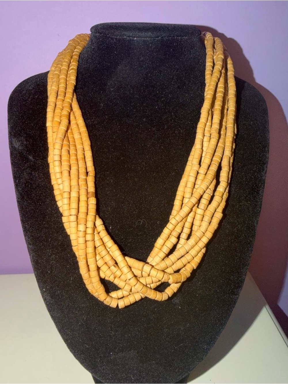 Multi Strand Wooden Beaded Statement Necklace Tan Boho Heishi Disc Beads